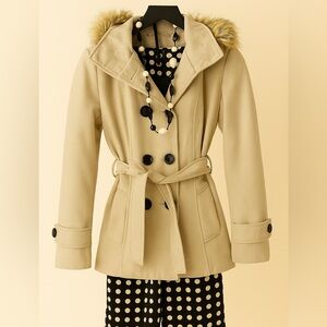 3 Piece Bundle size S, Tan Double-Breasted Coat, polka dot dress, and necklace